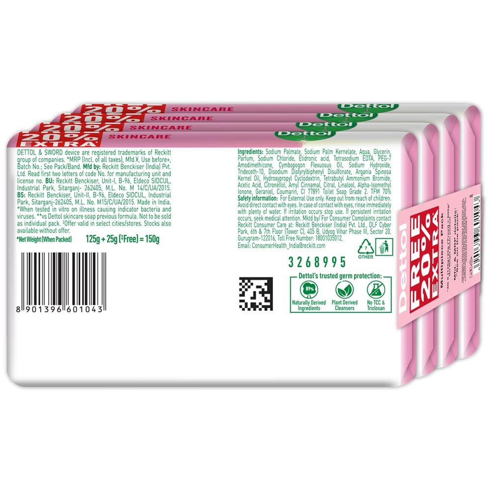 Dettol Skincare Moisturizing Beauty Bathing Soap Bar with Argan Oil (600gm) | Softer Skin, 125gm + 20% Extra Free, Pack of 4