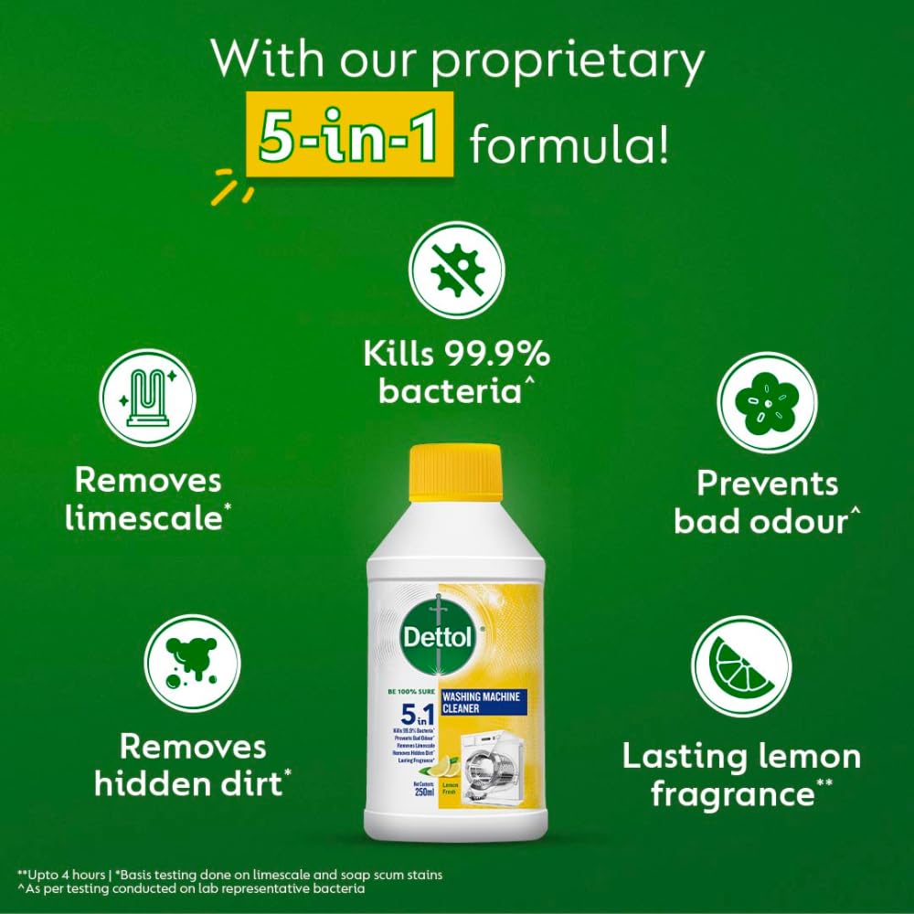 Dettol 5 in 1 Washing Machine Cleaner & Descaling Liquid for top load and front load| Lemon 250ml | Removes Limescale, Dirt and Bad odour | Kills 99.9%* Bacteria | Pack of 3