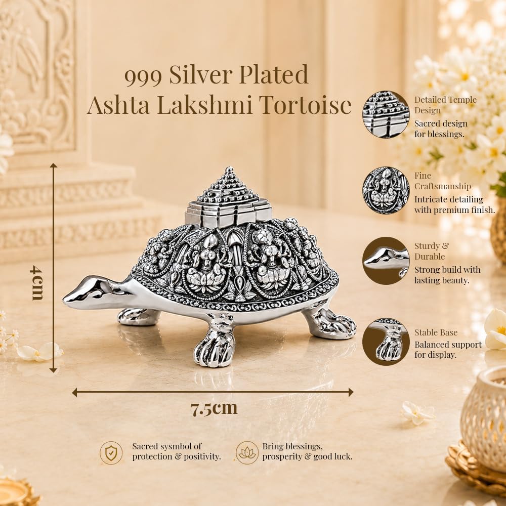 DIVINITI 999 Silver Plated Ashta Lakshmi Tortoise (Kachua) Idol with Sri Yantra Pyramid|Gift Box Included|Vastu & Feng Shui Showpiece for Wealth, Prosperity|Home, Office & Pooja Décor|7.5 x 4 cm