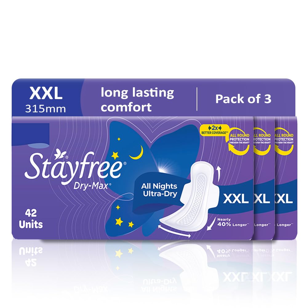 Stayfree Dry Max Xxl|Combo Pack 126 Pads|All Night Xxl Dry Cover Sanitary Pads For Women|Convert Heavy Flow Into Gel|Odour Control|Absorbs 2X More With Wider Back|Superior Dry Feel|Ultra Thin Pads