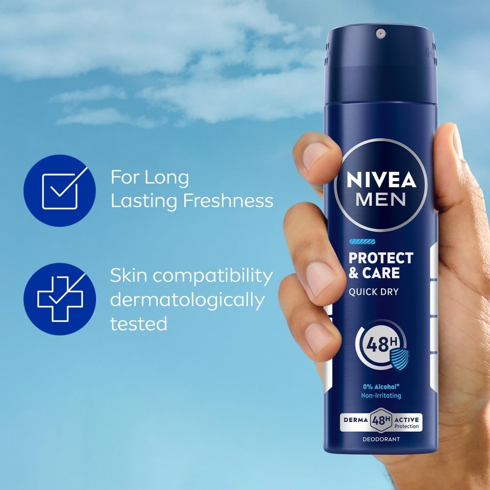 NIVEA MEN Protect & Care Deodorant Spray | Men's Underarm Deodorant with Quick Dry Formula | 48H Active Protection & Long-Lasting Freshness | Skin-Friendly, 0% Alcohol, Dermatologically Tested, 150 ml