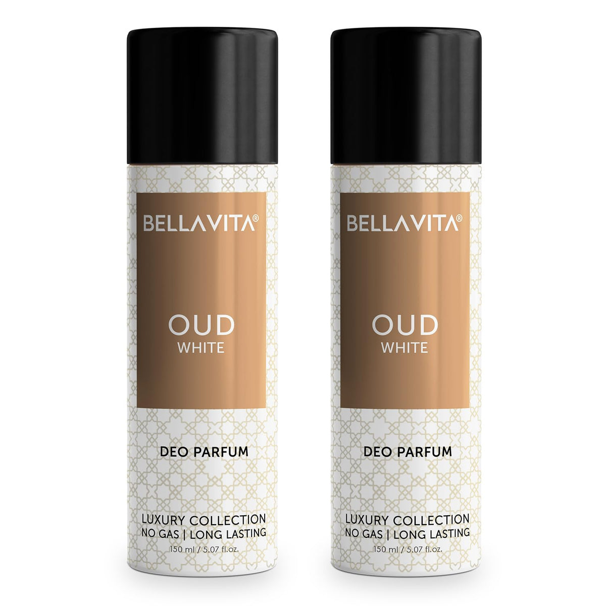 Bella Vita Luxury OUD WHITE No Gas Body Deodorant Parfum Combo for Men with Orange, Fressia & Tobacco|Woody Long Lasting Deo, Pack of 2, 150 Ml Each Spray