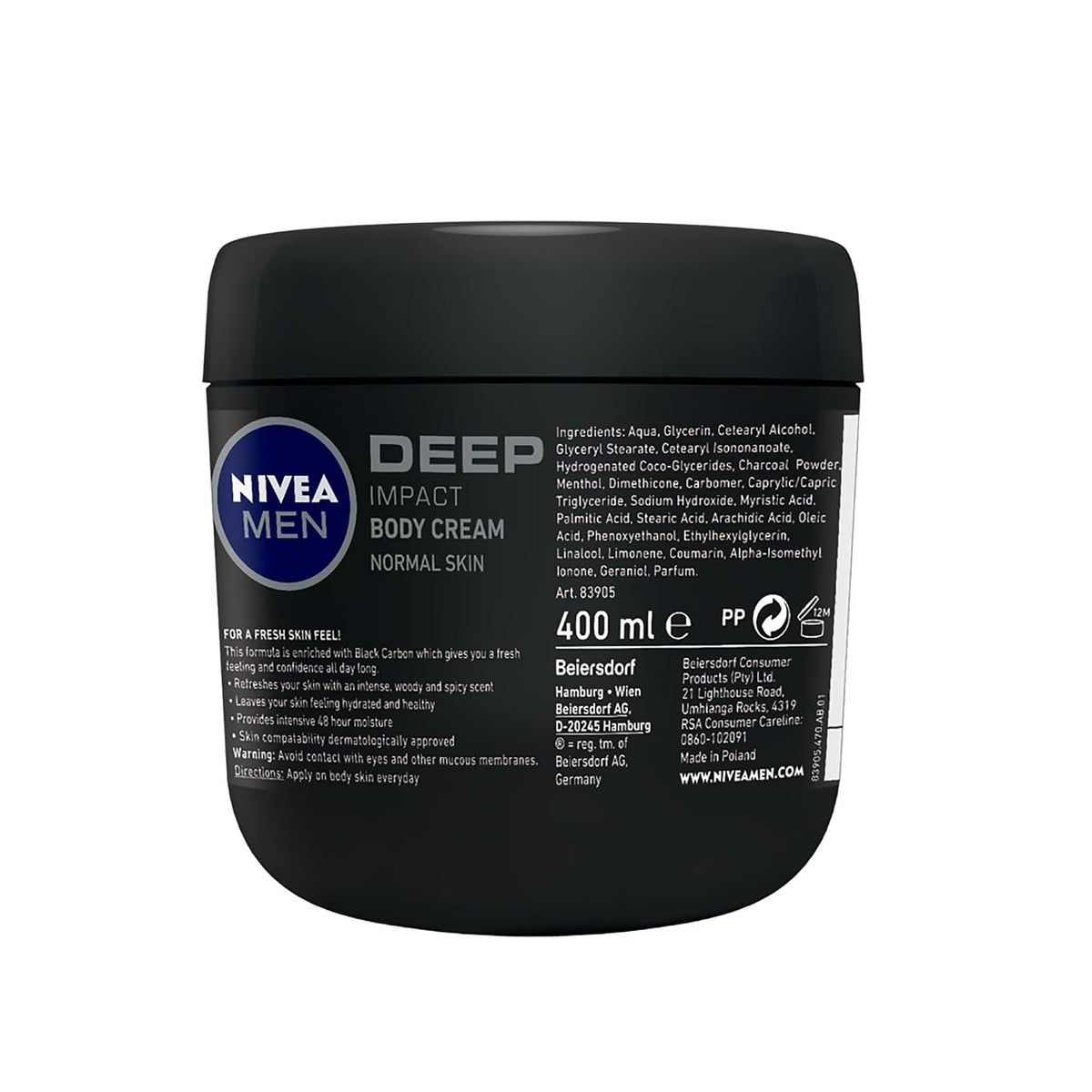NIVEA MEN Deep Impact Body Cream with Black Carbon, 48H Intensive Moisture, Woody & Spicy Scent, for Normal Skin, 400 ml