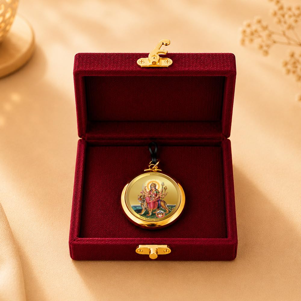 DIVINITI 24K Gold Plated Double-Sided Religious Pendant with Premium Gift Box, Spiritual Locket for Men & Women, Devotional Jewellery for Gifting & Everyday Wear | Durga - Sherawali Mata With Pind & Mata Ka Darbar - CLR Pendant