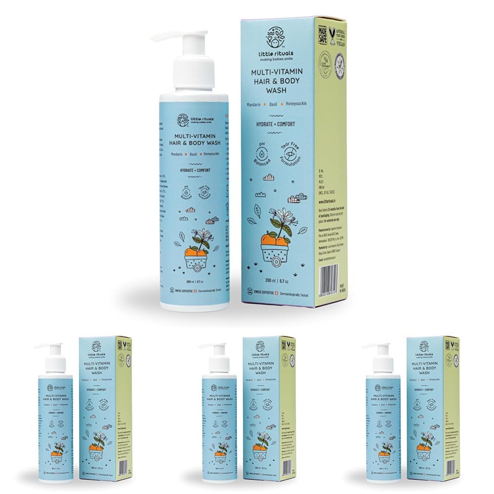 Little Rituals Baby Multi-Vitamin Body & Hair Wash - Tear Free + pH 5.5. Formulated with the best plant botanical - HONEYSUCKLE, BASIL, MANDARIN. Natural, Organic, Dermat tested, SWISS Technology (200ml)