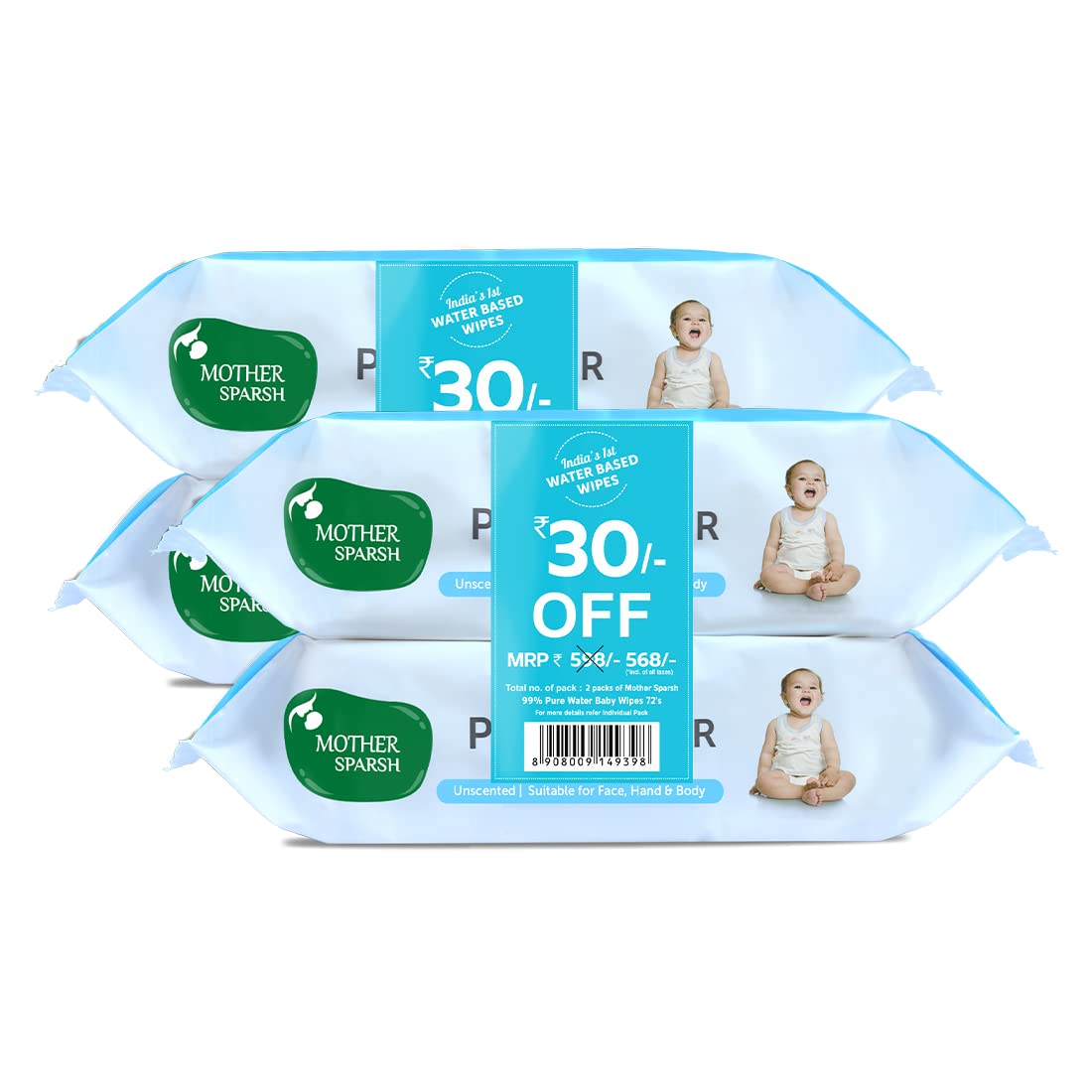 Mother Sparsh 99% Pure Water Baby Wipes, 72x4 pcs with Afterbite Turmeric Balm for Babies 25g
