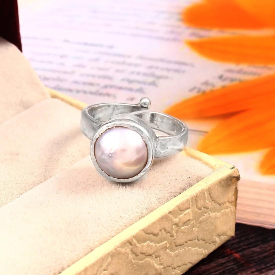 ASTRODIDI Original Certified Pearl Moti Stone Silver Plated Adjustable Ring (Stone Size 6-7 Carat) | Astrological Benefits and Healing Gemstone Ring for Men and Women