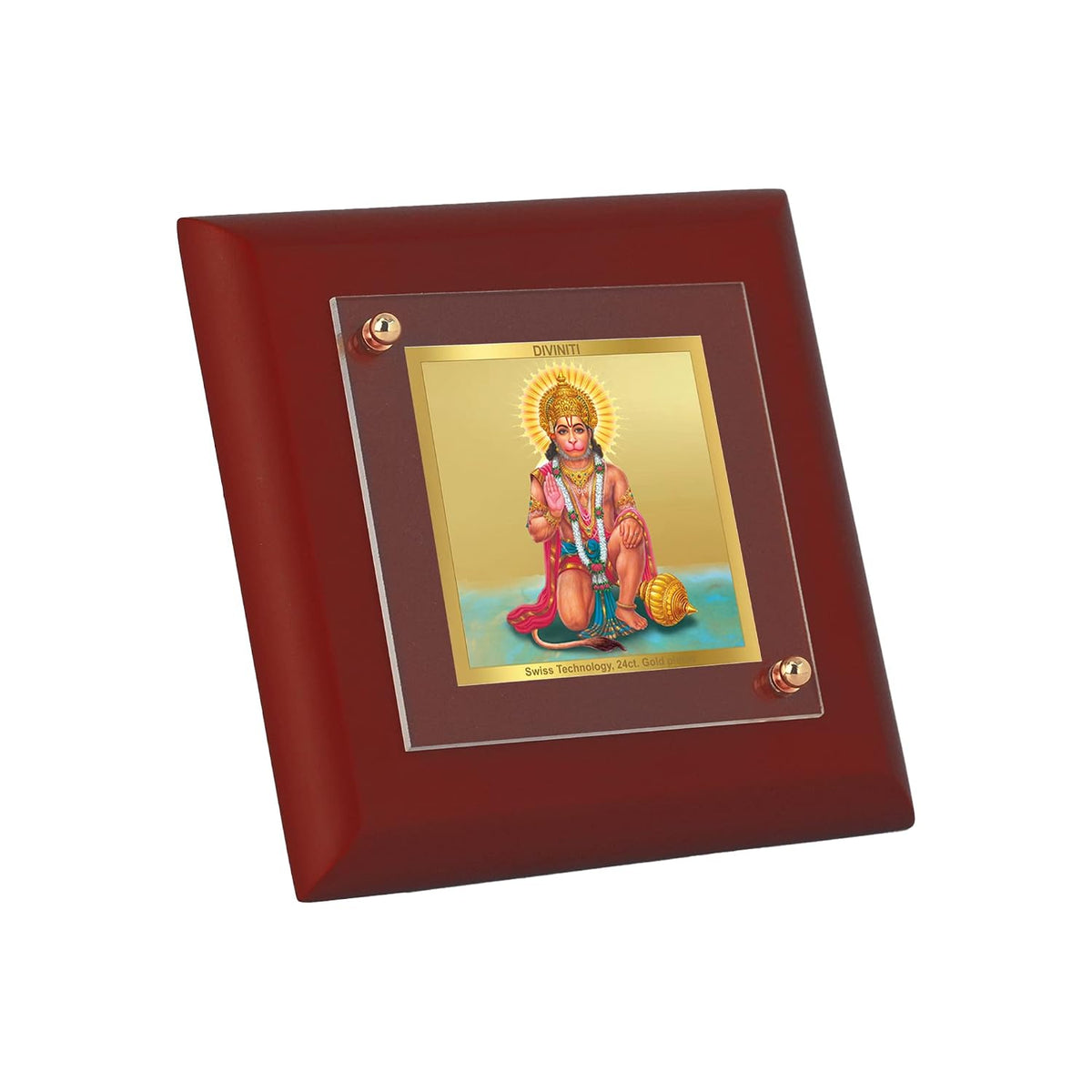 DIVINITI Lord Hanuman 24K Gold Plated MDF Photo Frame|Premium Religious Table Top Frame for Home, Office & Prayer Room|Luxury Spiritual Gift Item for Housewarming, Festive Gifting|10 x 10 CM