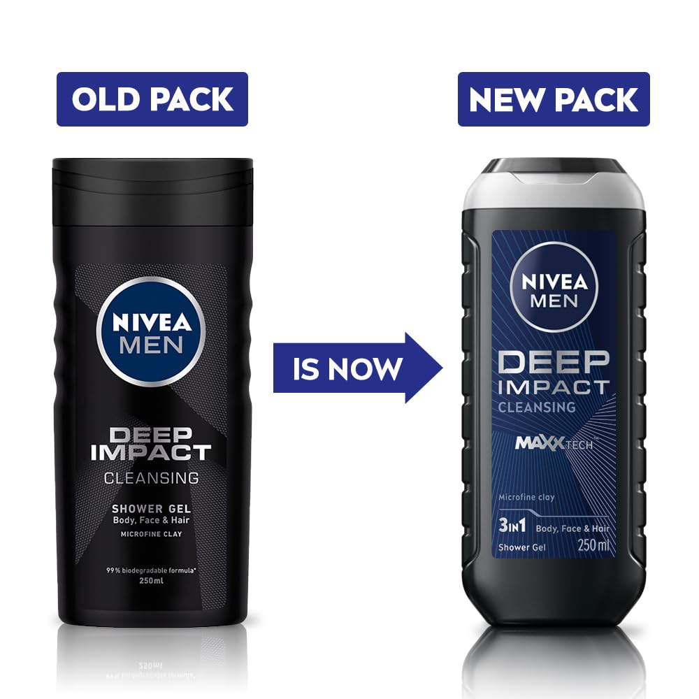 Nivea Men Body Wash, Deep Impact, 3 In 1 Shower Gel For Body, Face & Hair, With Microfine Clay, 250ml