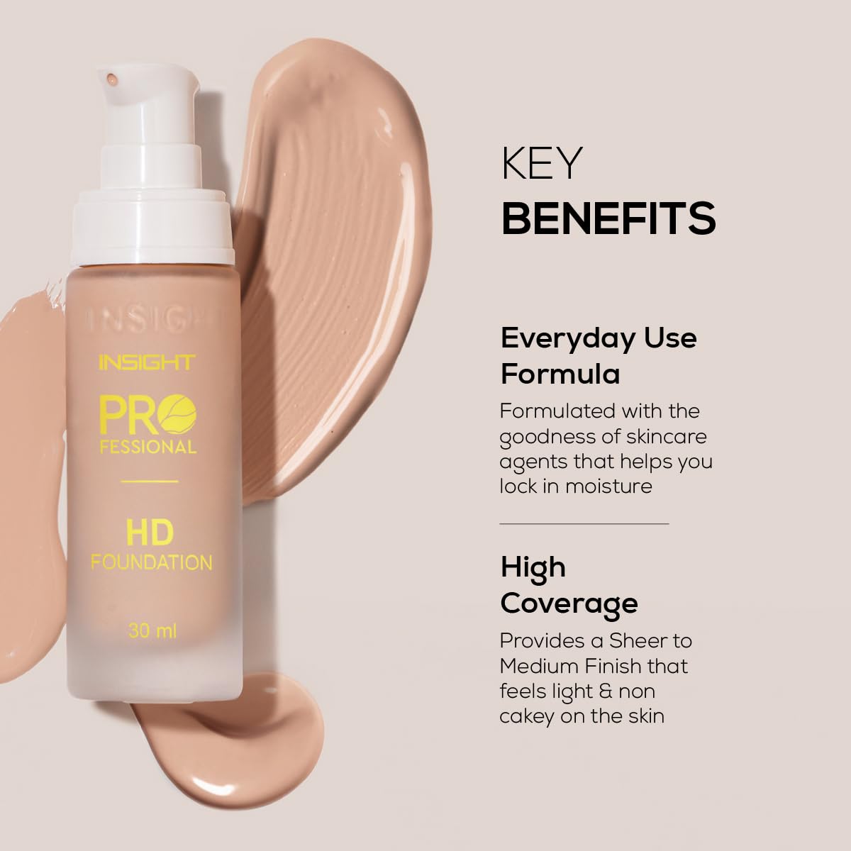 INSIGHT Professional HD Foundation - LN13 | Sheer to Medium Coverage | Long Lasting Upto 20 Hours | Lightweight, Blendable Formula | Enriched with Vitamin E, Squalene & Vitamin B5-30 ml