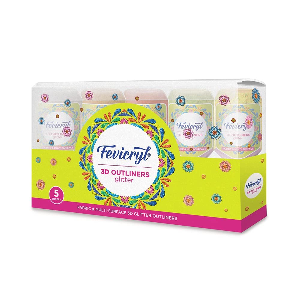 Fevicryl 3D Outliners Glitter Kit 20ml x 5 | Fabric and Multi-Surface 3D Outliners Assorted Pack, Multi Colour | DIY Art & Craft | Ideal for Artists, Gifting