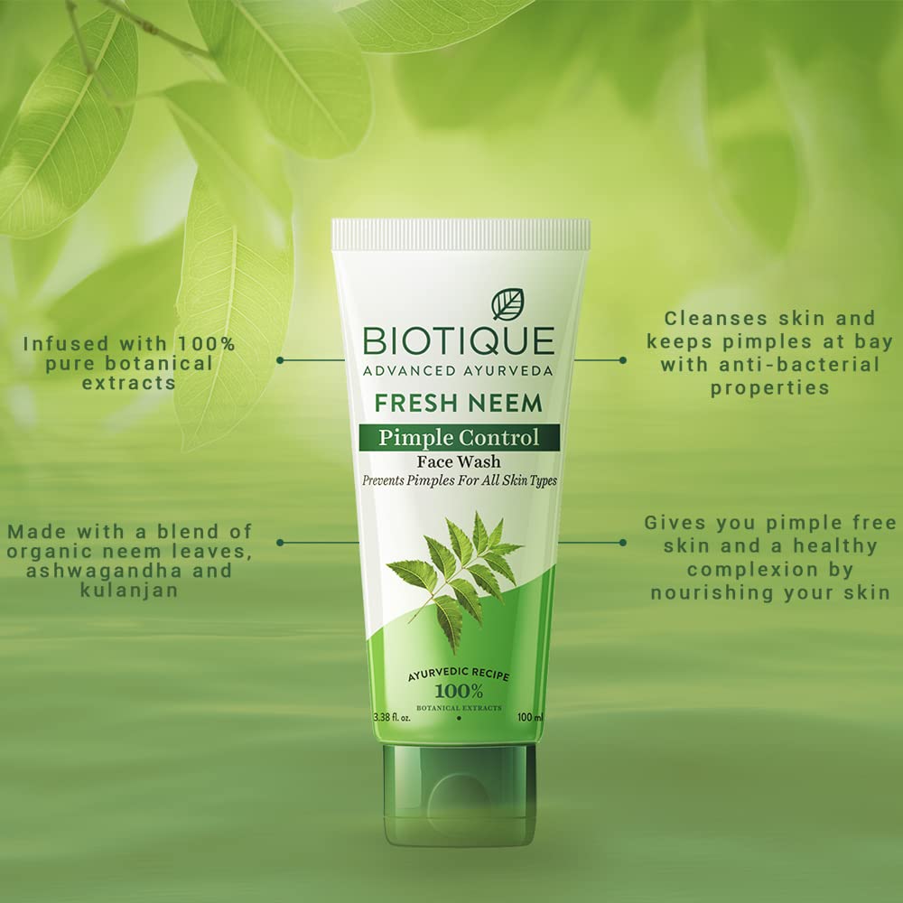 Biotique Fresh Neem Pimple Control Face Wash Prevents Pimples For All Skin Types, 100ml