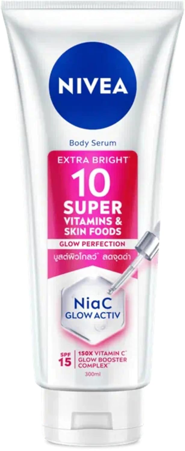 Nivea Extra Bright Body Serum Lotion 300ml with 10 Super Vitamins Brightening Body Lotion for Glowing Skin Fast Absorbing Hydrating Moisturizer Daily Use for Even Skin Tone and Radiance Improvement