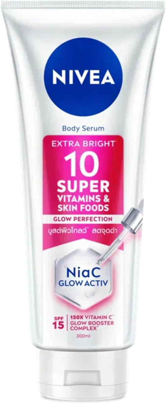 Nivea Extra Bright Body Serum Lotion 300ml with 10 Super Vitamins Brightening Body Lotion for Glowing Skin Fast Absorbing Hydrating Moisturizer Daily Use for Even Skin Tone and Radiance Improvement
