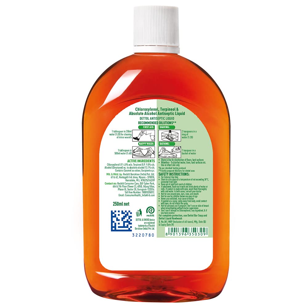 Dettol Antiseptic Disinfectant liquid for First aid, Surface Cleaning and Personal Hygiene, 250ml, Pack of 2