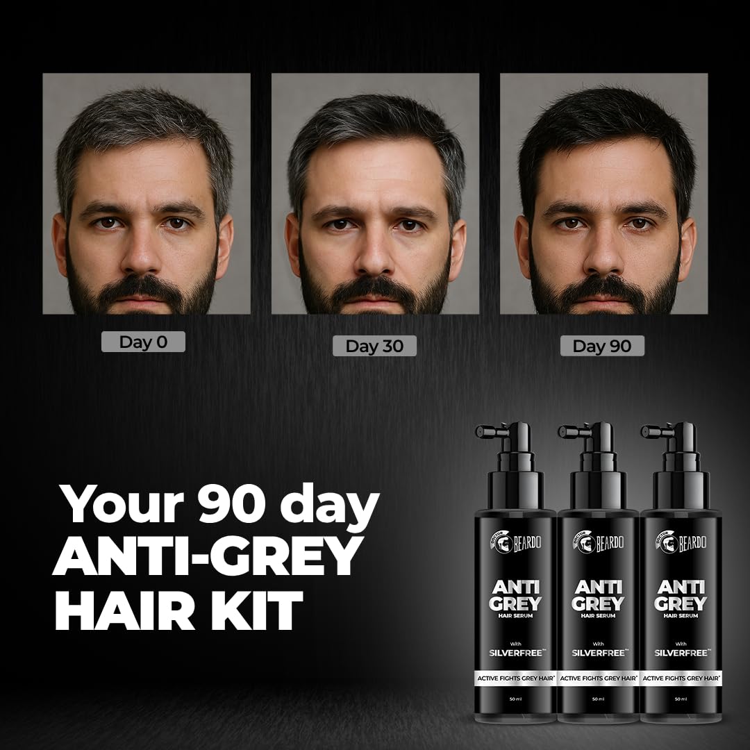 BEARDO Anti Grey Hair Serum for Men, (50ml X 3) | SilverFree™ Formula | Also contains Amla + Methi + Rosemary + Brahmi + Bhringraj extracts for Hair Shine | Lightweight and Non-Sticky