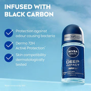 NIVEA MEN Deep Impact Freshness Underarm Roll On Deodorant for Men with Black Carbon | Long Lasting Antiperspirant Roll On for Body Odour Control | Alcohol Free Underarm Deodorant Roll On 50ml