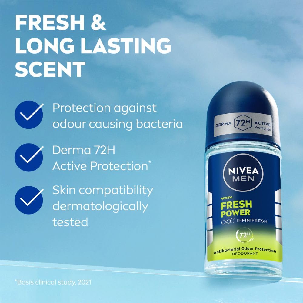 NIVEA Men Fresh Power Underarm Roll-On Deodorant|72 H Long Lasting Freshness|Fights Bacteria And Body Odour|Fresh Musk Fragrance|0% Alcohol|Dermatologically Approved & Paraben Free Formula|50Ml