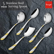 Parage 5 Pieces Stainless Steel Golden Serving Spoon Set for Dining Table/Kitchen, 1.8 mm Heavy Gauge (2 Soup Ladle (Karchi), 2 Solid Spoon (Chamcha), 1 Rice Spoon), 24k Gold (Pack of 5)