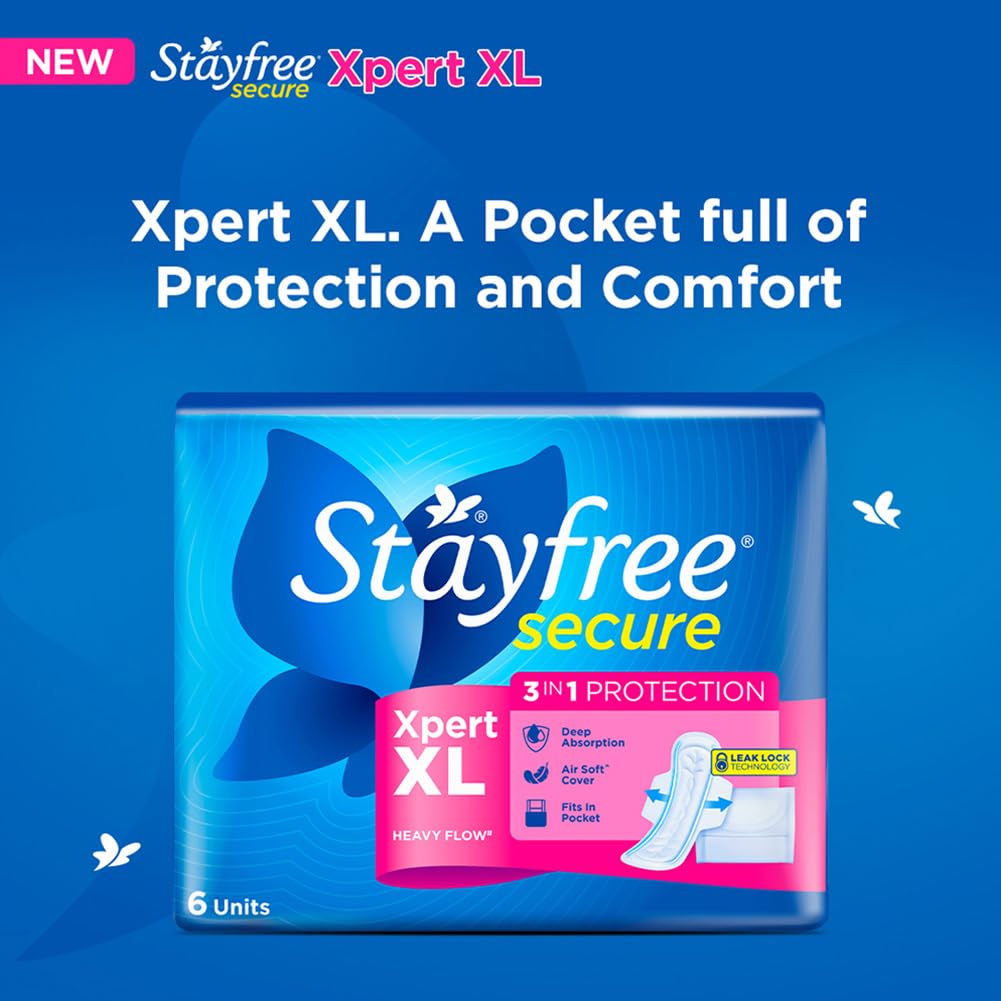 Stayfree Secure Xpert XL Sanitary Pads 6s | Longer & Wider Pads for Heavy Flow