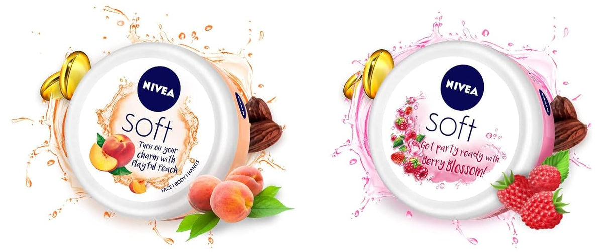 NIVEA Soft Playful Peach, Light Moisturizer Cream 200 ml & NIVEA Soft Berry Blossom, Light Moisturizer for Face, Hand & Body, 200 ml