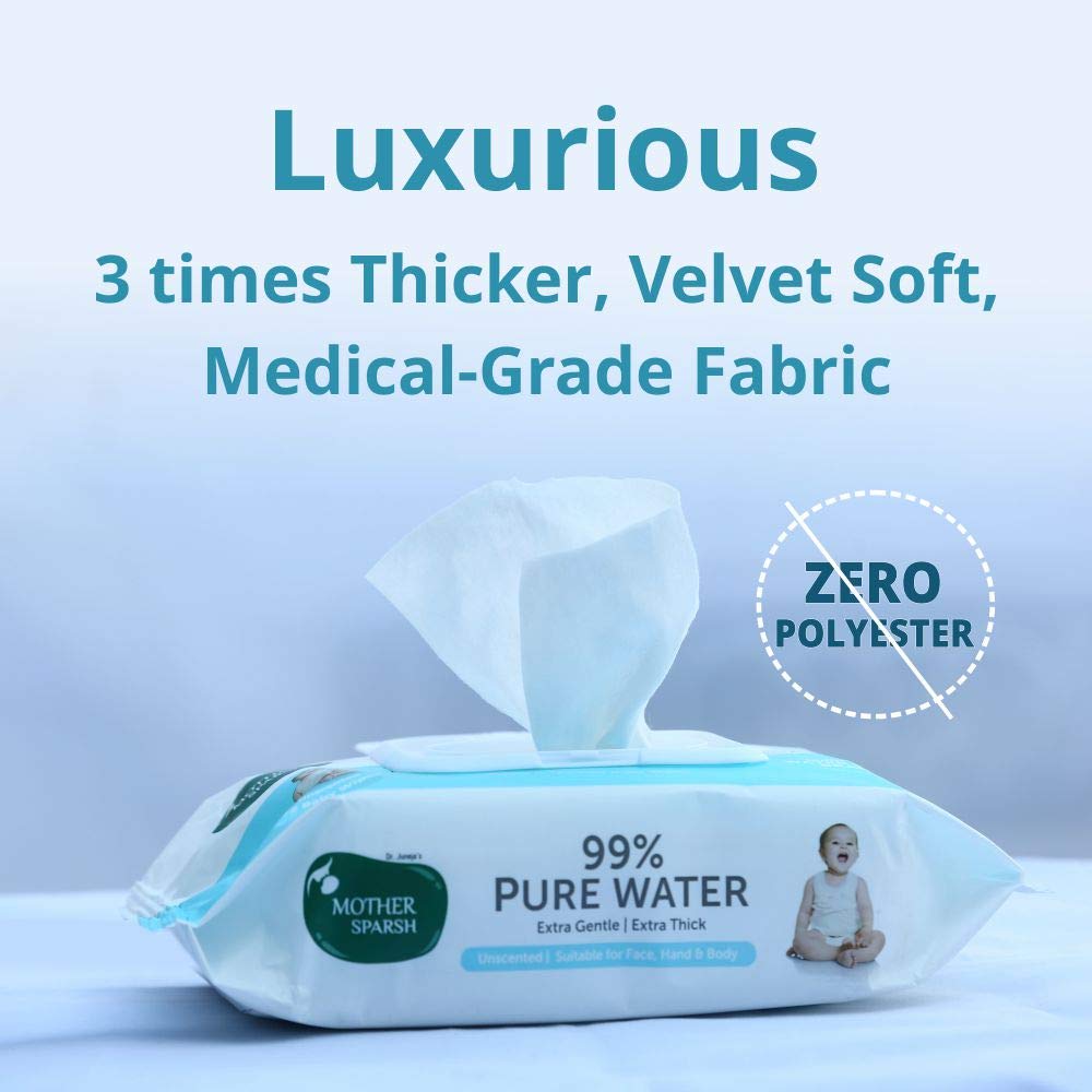 Mother Sparsh 99% Pure Water (Unscented) Baby Wipes with Lid I Natural Plant made cloth - Super thick Wet Wipes I 72 pcs/pack - Pack of 4 (Super Saver Pack)