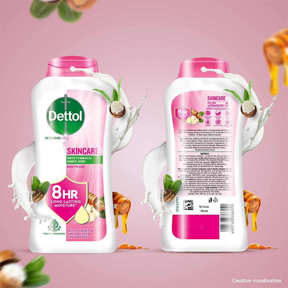 Dettol Skincare Body Wash and Shower Gel for Women and Men, 250ml | Soap-Free Bodywash | 8h Moisturization