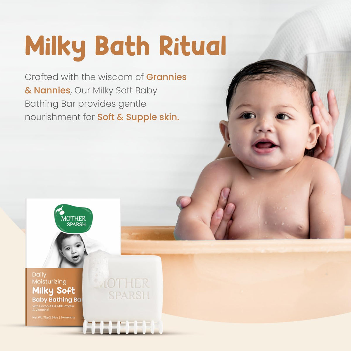 Mother Sparsh Milky Baby Bathing Soap Bar - 75g | Hypoallergenic pH 5.5 | Tear-Free Formulation | Prevents Dryness (Pack of 2)
