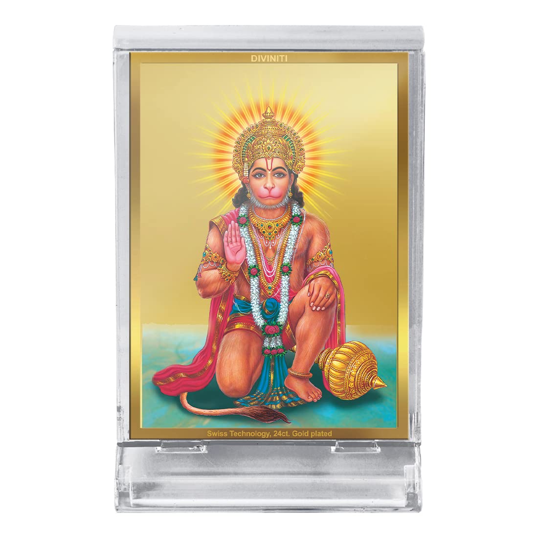 DIVINITI 24K Gold Plated Religious Car Dashboard Frame | Premium God Idol Frame for Car, Home Mandir & Office Table | Spiritual Gift, Decorative Showpiece | Hanuman Ji