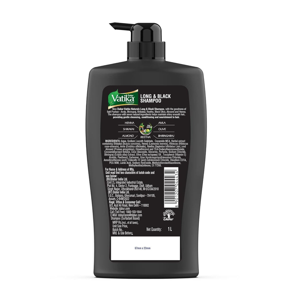 Dabur Vatika Long & Black Shampoo - 1 L | With Amla & Bhringraj | For Shiny, Long & Black Hair | No Added Parabens | Provides Gentle Cleansing, Conditioning & Nourishment to Hair
