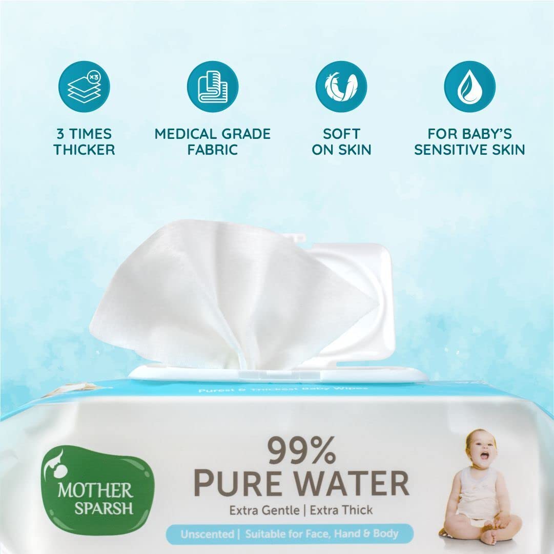 Mother Sparsh 99% Pure Water Baby Wipes, 72x4 pcs with Afterbite Turmeric Balm for Babies 25g