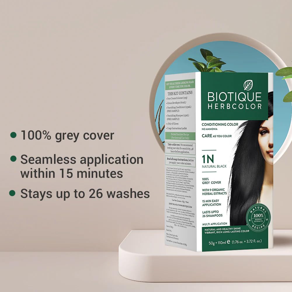 Biotique Herbcolor Conditioning Hair Colour l Ammonia Free Hair Color l 9 Organic Herbal Extracts l Natural and Healthy Shine l 50g + 110ml| Natural Black 1N (Pack of 1)