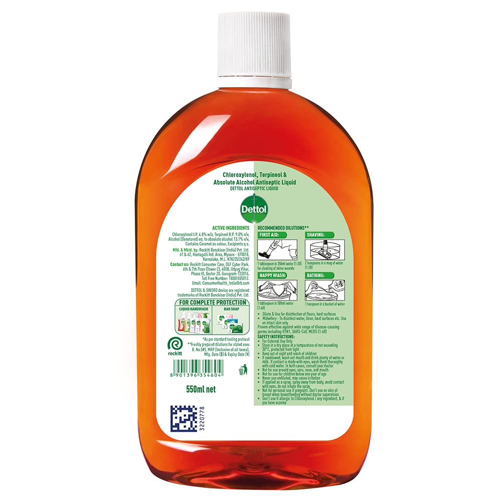 Dettol Antiseptic Disinfectant liquid for First aid, Surface Cleaning and Personal Hygiene, 550ml Each (Pack of 3)