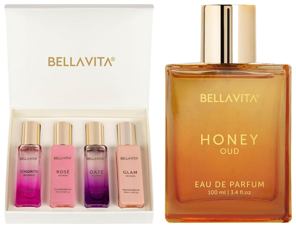 Bella Vita Luxury Woman Eau De Parfum Spray 4X20 Ml For Women Honey Oud Unisex Eau De Parfum With Bergamot Patchouli Vanillapremium Long Lasting Sweet & Spicy Fragrance For Unisex 100ML
