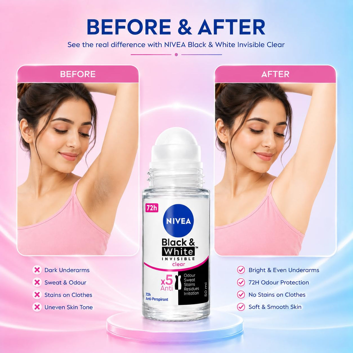 Nivea Black & White Invisible Clear Anti-Perspirant Roll On 50ml | 5 in 1 Protection with 72H Sweat & Odor Control | Anti Stain Deodorant for Women