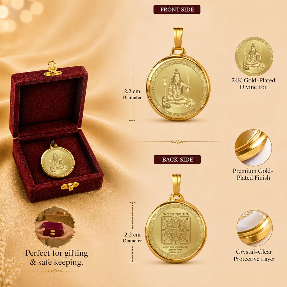 DIVINITI 24K Gold Plated Double-Sided Religious Pendant with Premium Gift Box, Spiritual Locket for Men & Women, Devotional Jewellery for Gifting & Everyday Wear | Shiva & Mahamrityunjaya Mantra