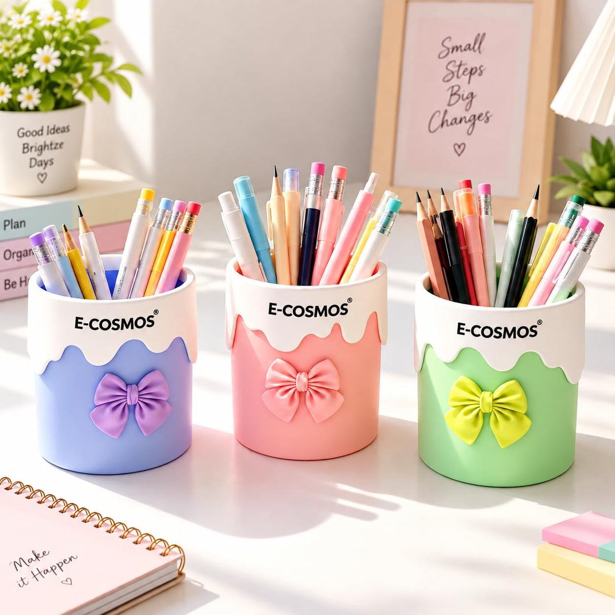 E-COSMOS® Wall Mounted Cosmetic Organizer Cup with Bow Design, Makeup Brush Holder, Toothbrush Holder, Desk Storage Container for Bathroom, Dressing Table & Stationery, Pastel Colors