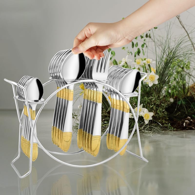 Parage 25 Pieces Ivory Gold Stainless Steel Cutlery Set with Stand (Contains: 6 Table Fork, 6 Table Spoon, 6 Dinner Spoon, 6 Tea Spoon, 1 Cutlery Stand) 24 Karat 24k Golden Plated Spoon Set (Ivory)