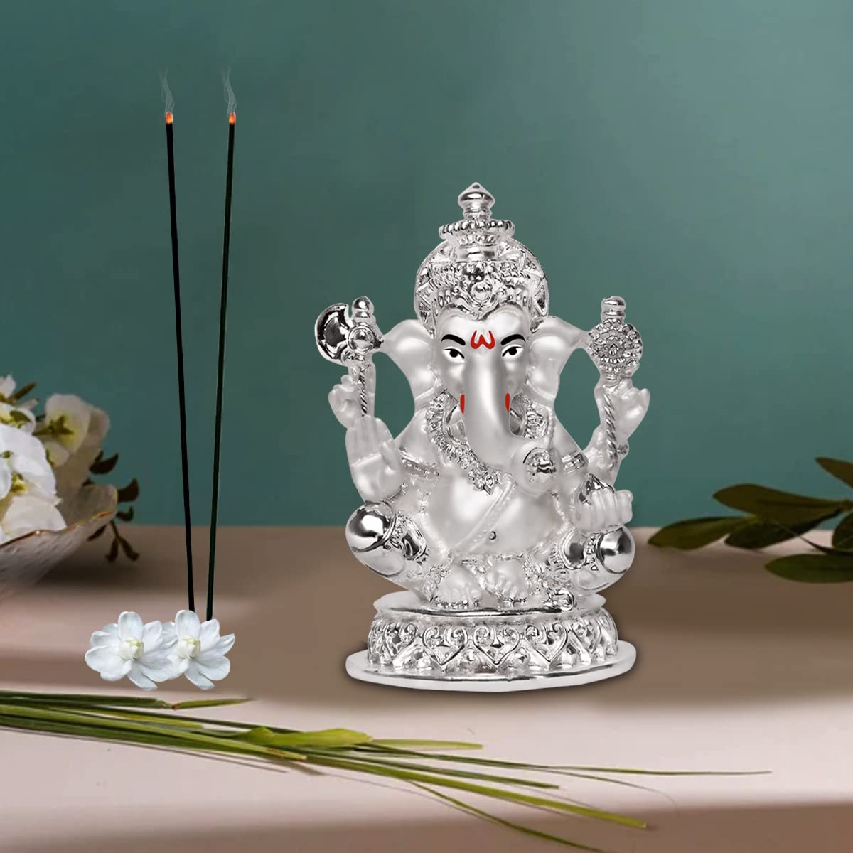 DIVINITI 999 Silver Plated Ganesha Idol for Home Decor Sculpture of Ganpati Figurine| Idol for Home, Office, Temple and Table Decoration| Religious Idol for Pooja, Gift (5.7x7 CM)