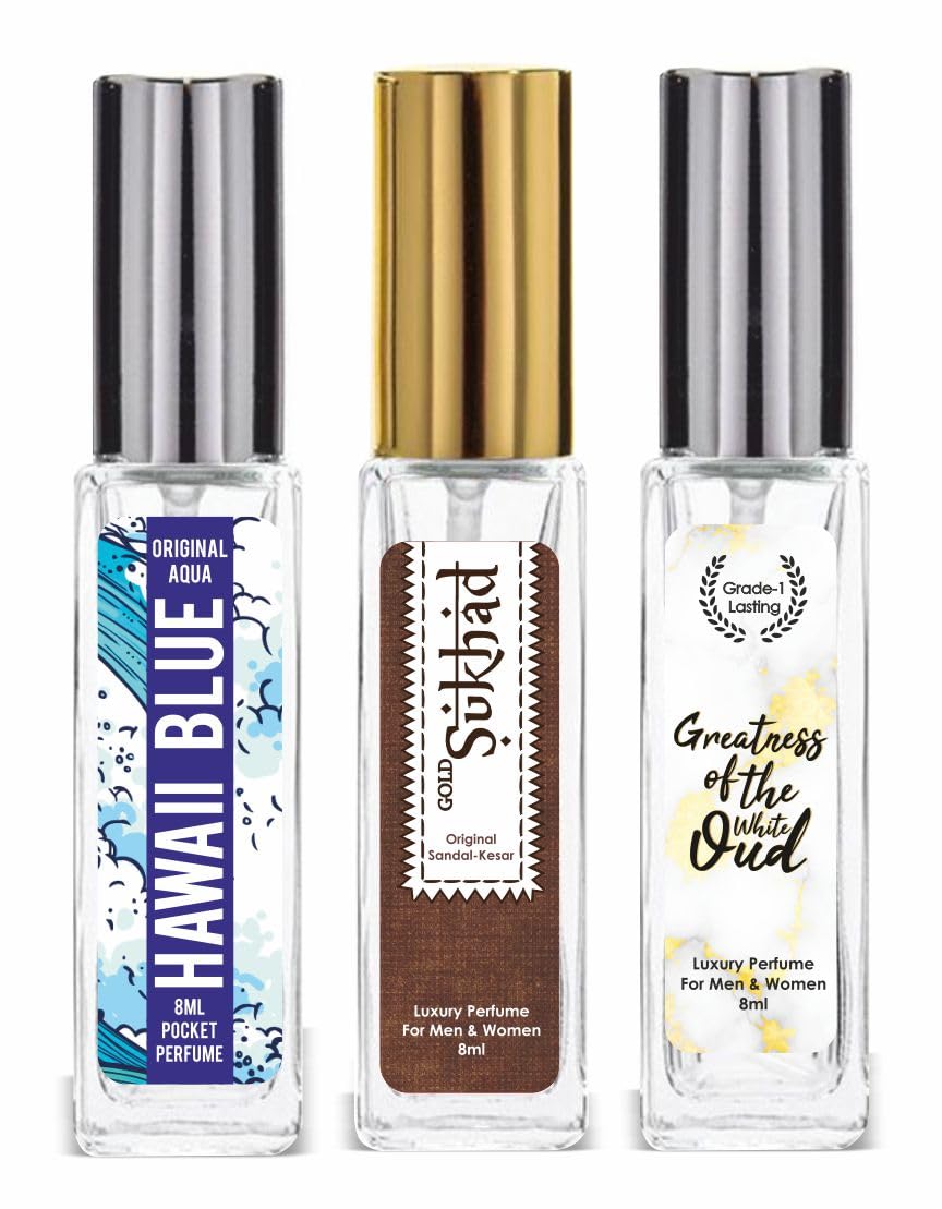 Parag Fragrances Combo Pack of Long Lasting Perfume 8ml x 3 pc Total 24ml Perfume Spray For Men and Women (Hawaii Blue/Sukhad/White Oud)