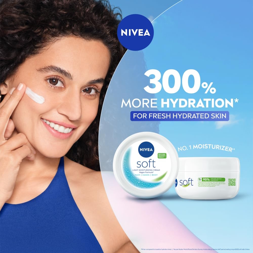 NIVEA Soft Moisturizing Cream, Lightweight Non-Sticky Daily Moisturizer with 72Hr Hydration, Vitamin E & Jojoba Oil | Hydrating Face, Body & Hand Cream for Dry to Normal Skin | Soft Glowing Skin - 200ml