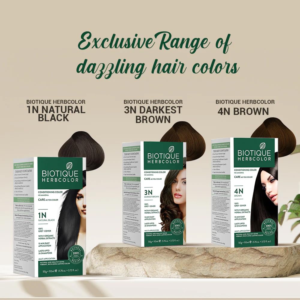 Biotique Herbcolor Conditioning Hair Colour l Ammonia Free Hair Color l 9 Organic Herbal Extracts l Natural and Healthy Shine l 50g + 110ml| Darkest Brown 3N (Pack of 1)