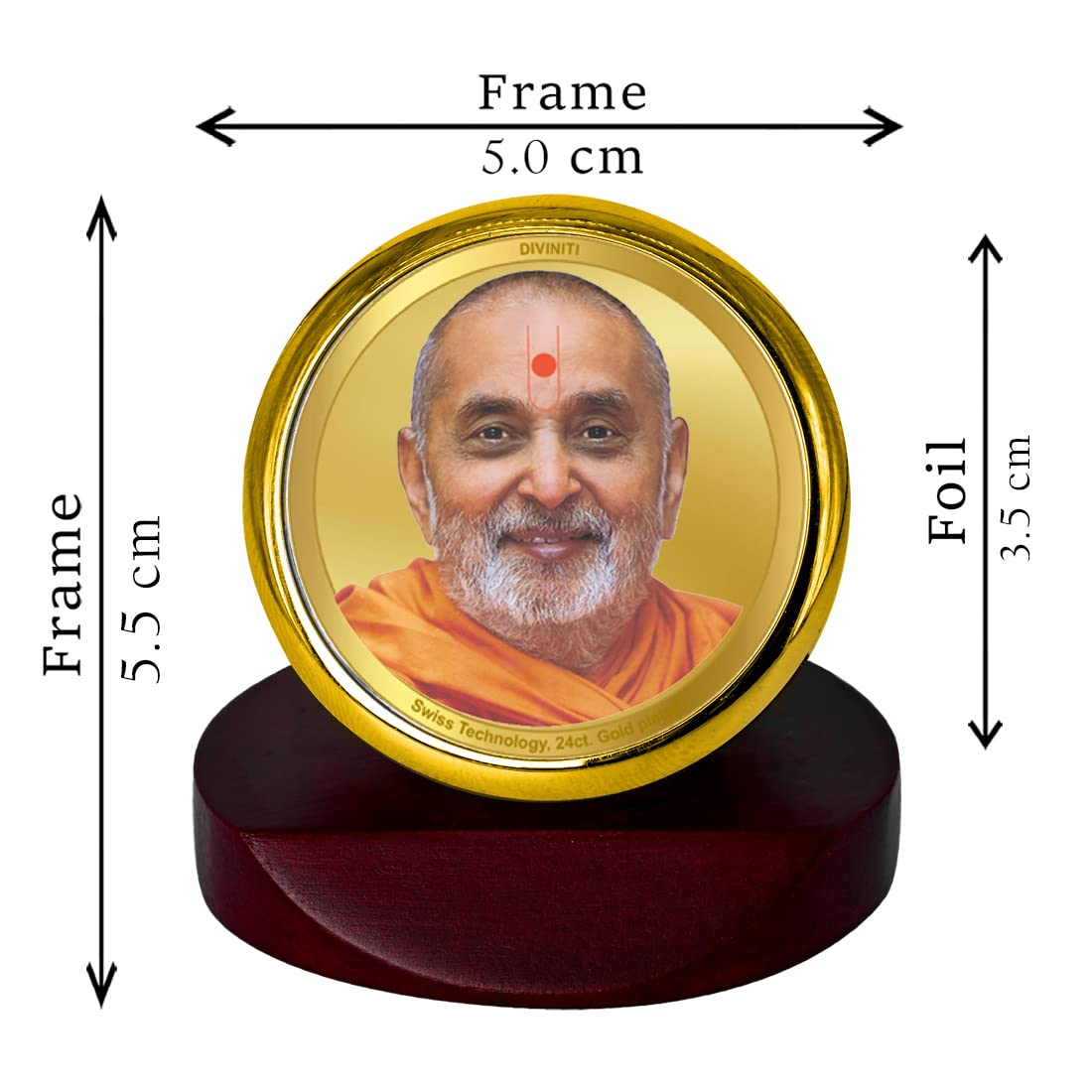 Diviniti Pramukh Swami Gold Plated Metallic Car Frame, Table Decor| MCF 1C Classic Pramukh Swami and 24K Gold Plated Foil| Religious Frame for Pooja, Gifts Items (5.5 x 5.0 CM)