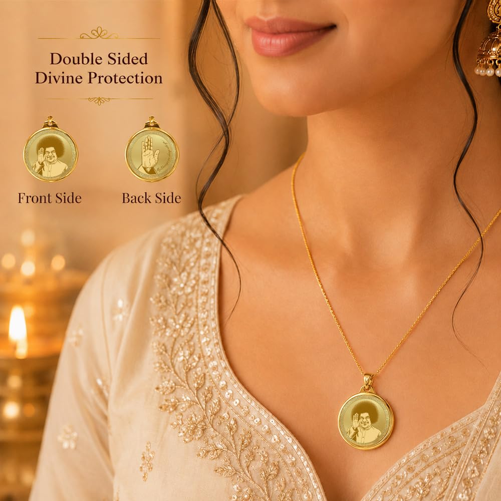 DIVINITI 24K Gold Plated Double-Sided Religious Pendant with Premium Gift Box, Spiritual Locket for Men & Women, Devotional Jewellery for Gifting & Everyday Wear | Satya Sai Baba & Hand
