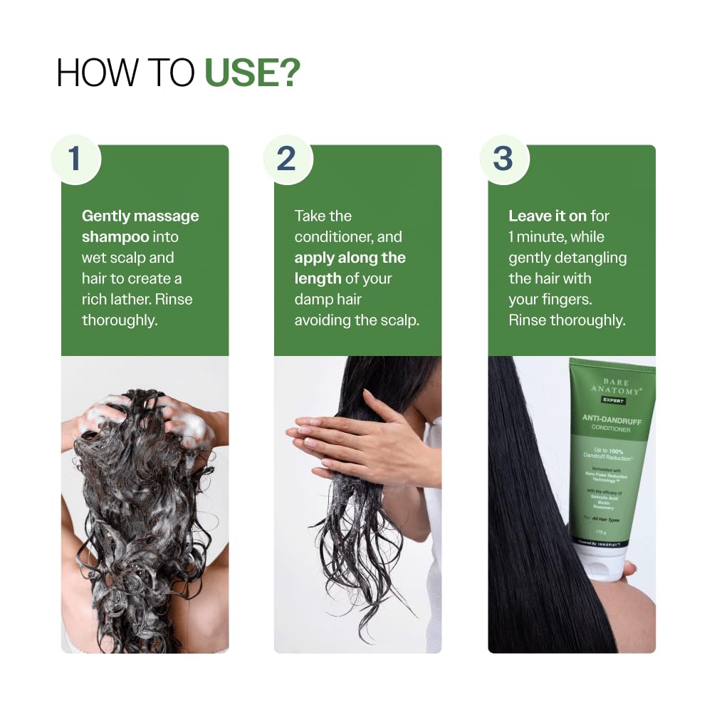 Bare Anatomy Anti-Dandruff Shampoo & Conditioner Combo | Up to 100% Dandruff Control Reduces Dryness & Frizz | For All Hair Types | 250ml + 175gm