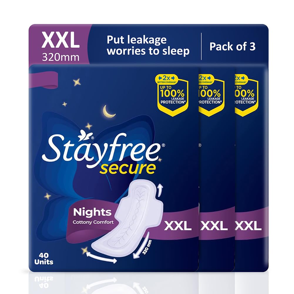 Stayfree Secure Nights XXL Sanitary Pads for Women | 120 Pads Combo Pack| Cottony Soft Cover | Upto 100% leakage protection | Buy XXL at XL price | Absorbs 2x Faster with Wider Back