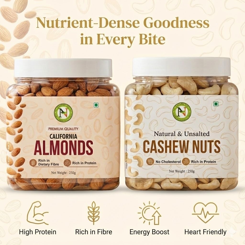 NatureVit Almonds & Cashew Nuts Combo of 500 Gram (250g Each) | Healthy Snack for Family & Gifting