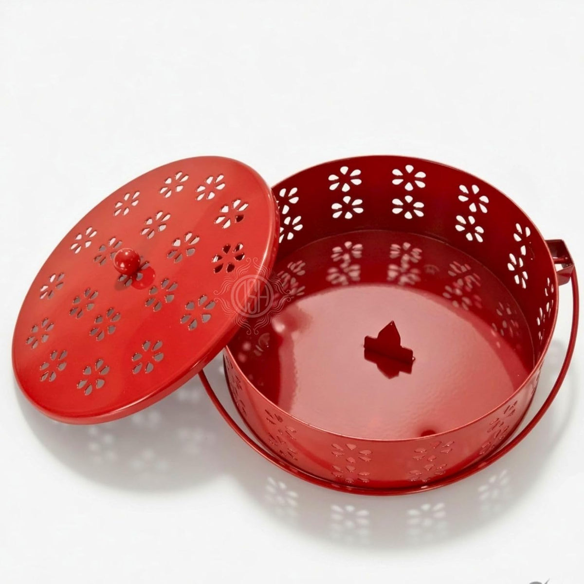 DSH Metal Mosquito Coil Holder with Lid & Handle Ash Catcher Stand for Mosquito Coil Indoor Outdoor Safe Use (Red)