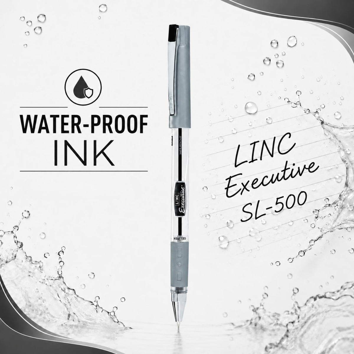 Linc 0.55mm Executive SL-500 Gel Pen | Water-Proof Ink & Textured Grip (Black Ink, Pack of 10)