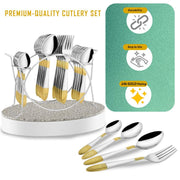 Parage 25 Pieces Ivory Gold Stainless Steel Cutlery Set with Stand (Contains: 6 Table Fork, 6 Table Spoon, 6 Dinner Spoon, 6 Tea Spoon, 1 Cutlery Stand) 24 Karat 24k Golden Plated Spoon Set (Ivory)